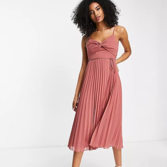 ASOS DESIGN twist front pleated cami midi dress with belt in rose pink - Picture 4 of 4